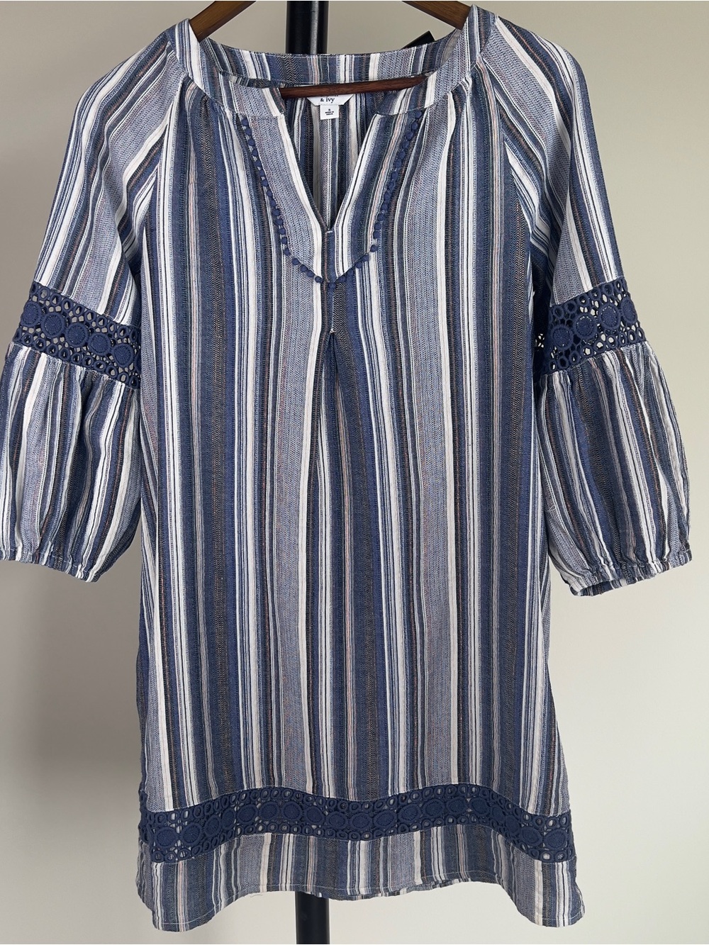Crown & Ivy Striped Eyelet Lace Pom Pom Tunic Dress S Blue